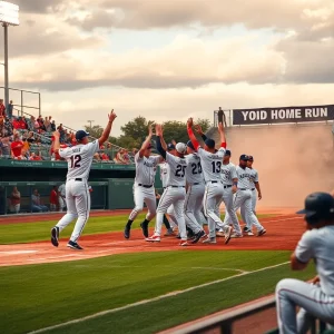 Texas Rangers team celebrating on the baseball field after a win.