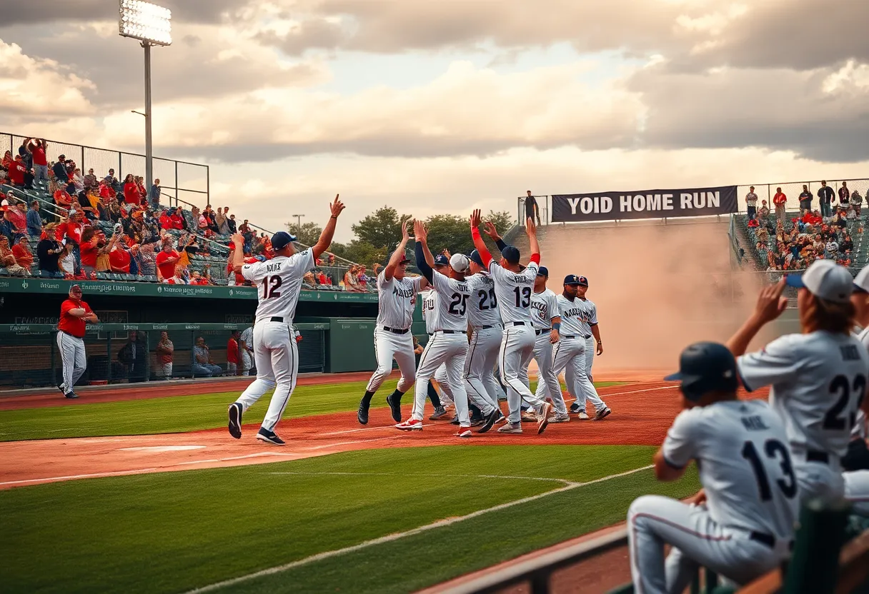Texas Rangers team celebrating on the baseball field after a win.