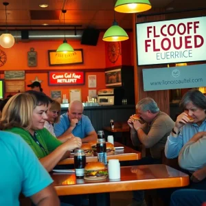 Patrons at Trill Burgers enjoying meals while supporting flood relief efforts
