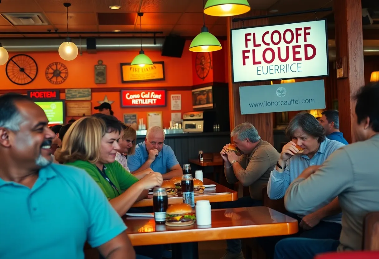 Patrons at Trill Burgers enjoying meals while supporting flood relief efforts