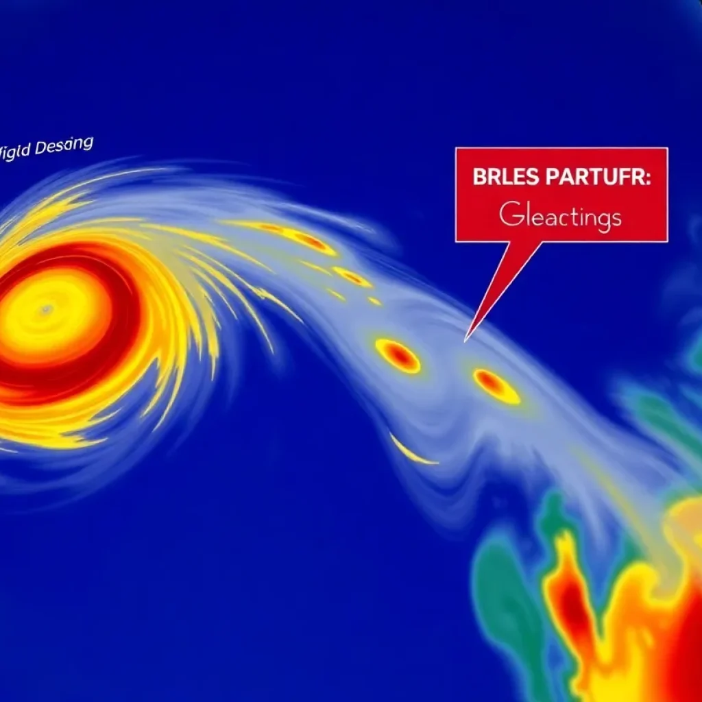 Weather map depicting tropical system movement and rainfall forecast