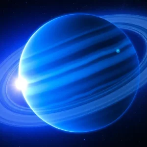 Artistic representation of Uranus emitting heat in space.