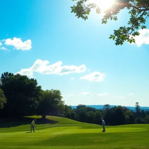 Golfers competing in a tournament on a scenic course