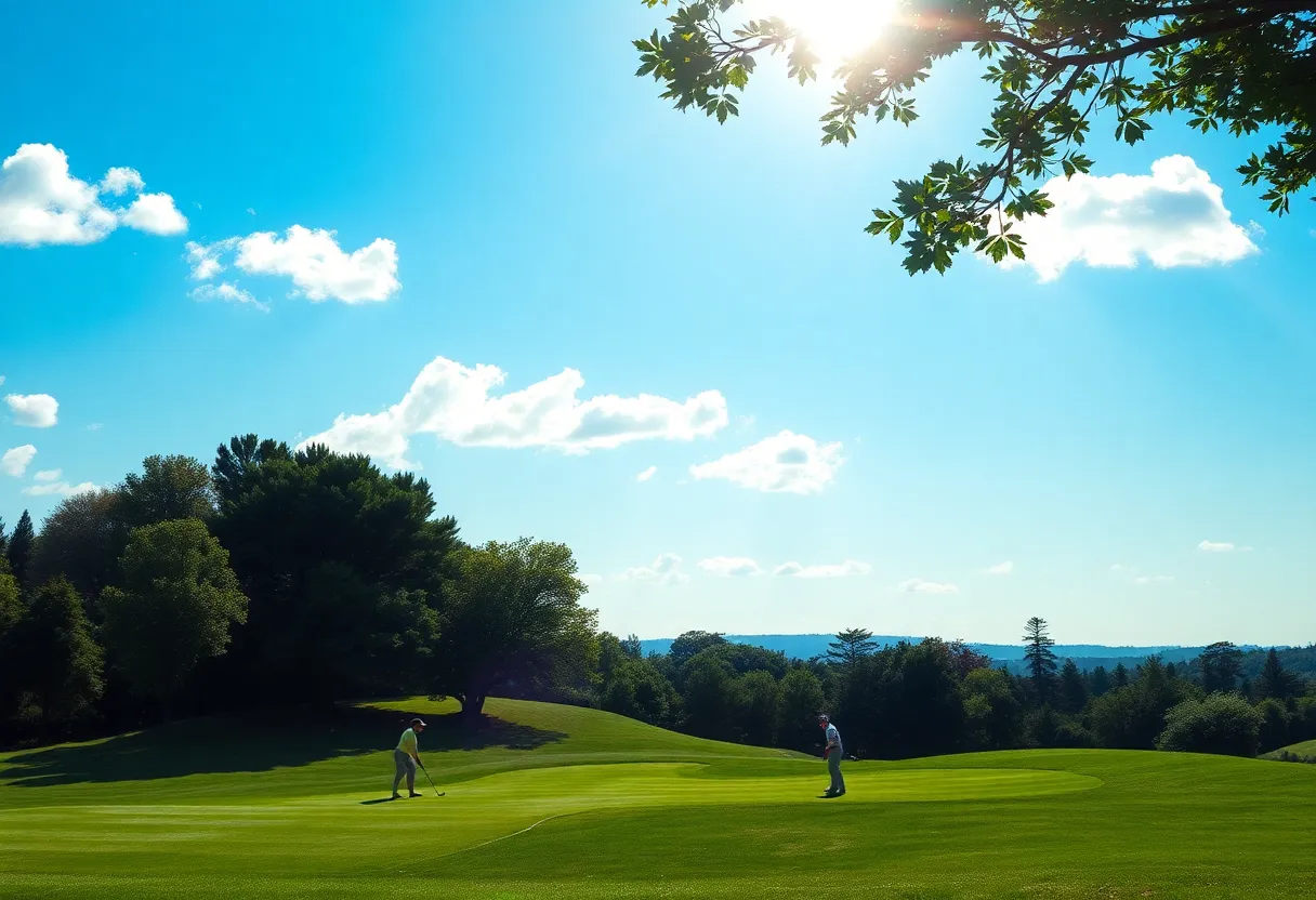 Golfers competing in a tournament on a scenic course