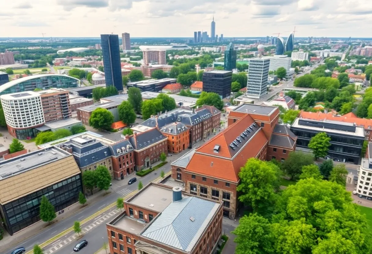 A lively urban scene depicting the tech industry in Utrecht and Eindhoven