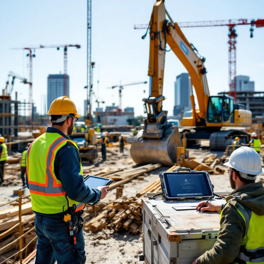 Busy Houston construction site with workers and technology.