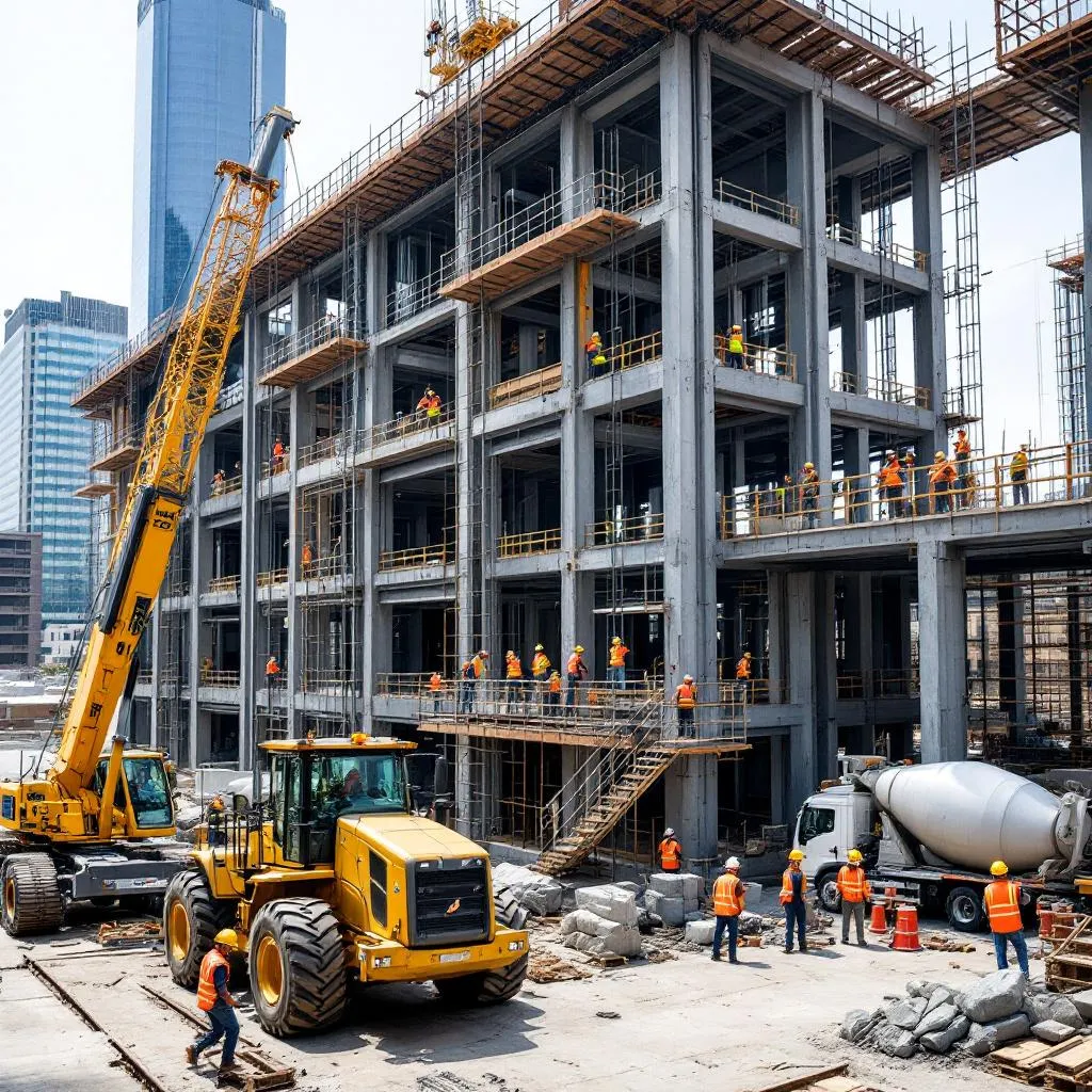 Workers and machinery on a construction site in Houston, TX