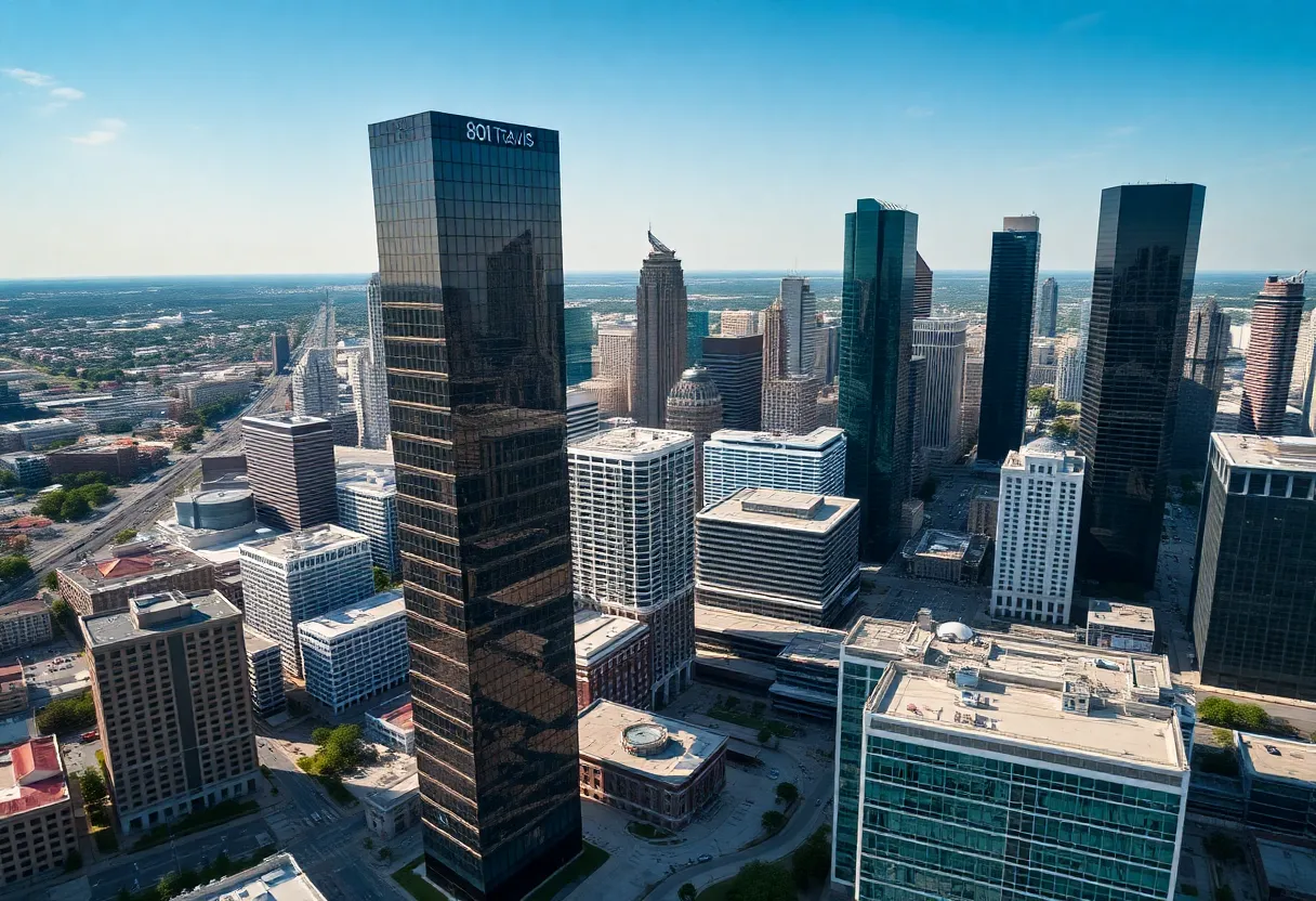 View of the 801 Travis office tower against the Houston skyline