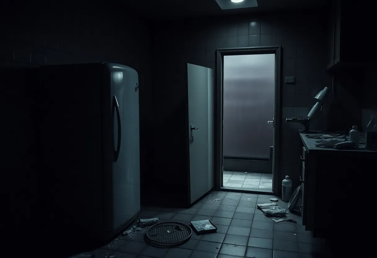 Eerie abandoned kitchen with an open refrigerator