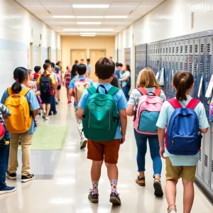 Students in a Houston school hallway with backpacks and school supplies.
