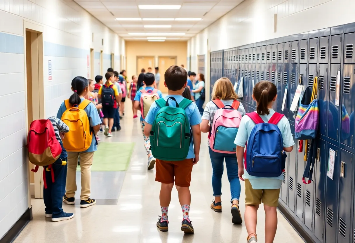 Students in a Houston school hallway with backpacks and school supplies.