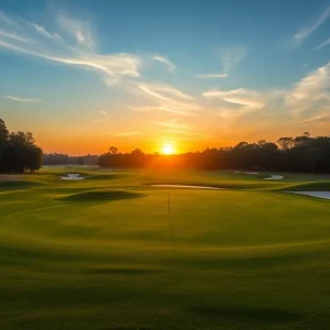 A scenic view of Blue Monster golf course with sunset