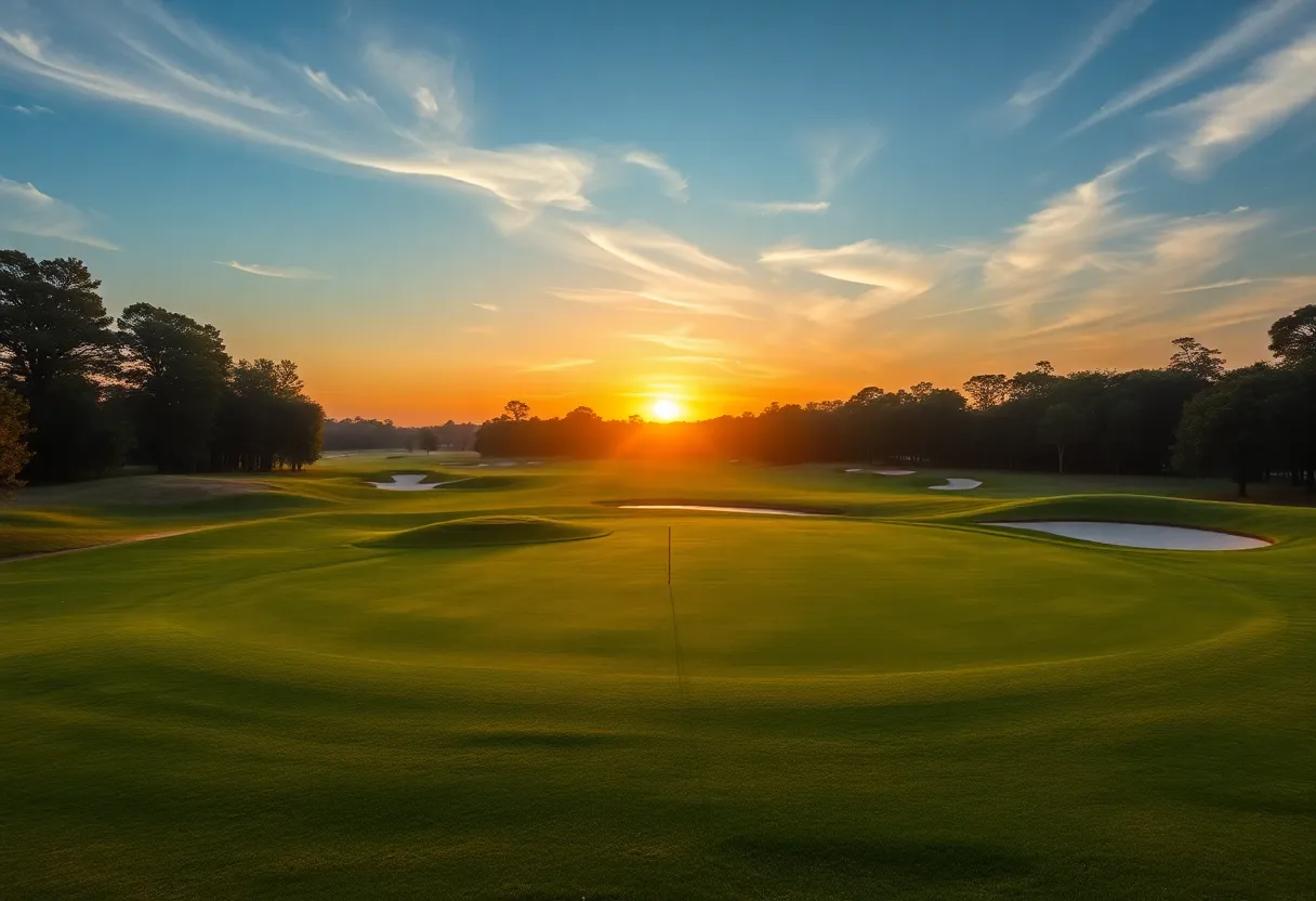 A scenic view of Blue Monster golf course with sunset