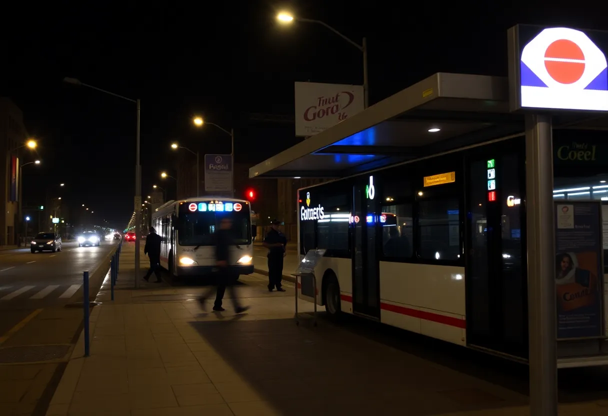 Scene of a bus stop in Houston at night