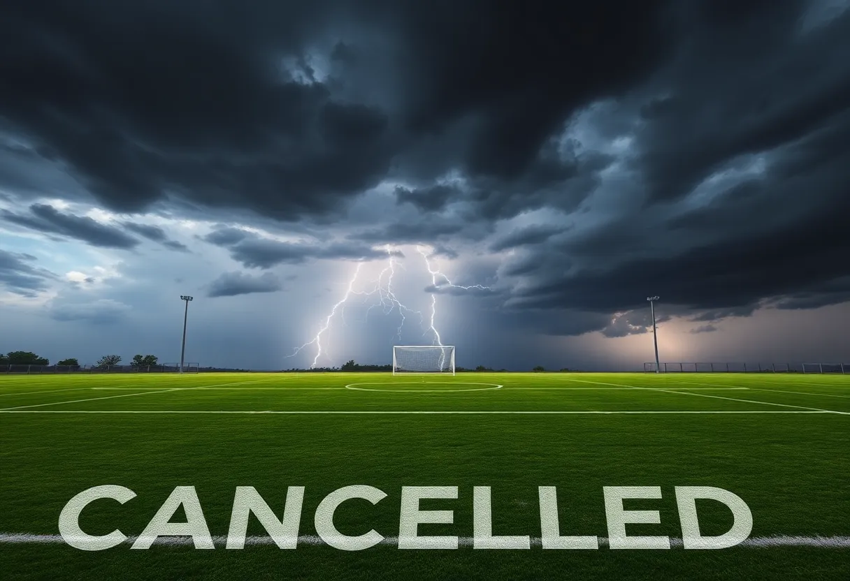Empty soccer field with storm clouds above
