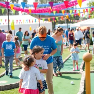 Families enjoying a mini-golf event for childhood cancer fundraising