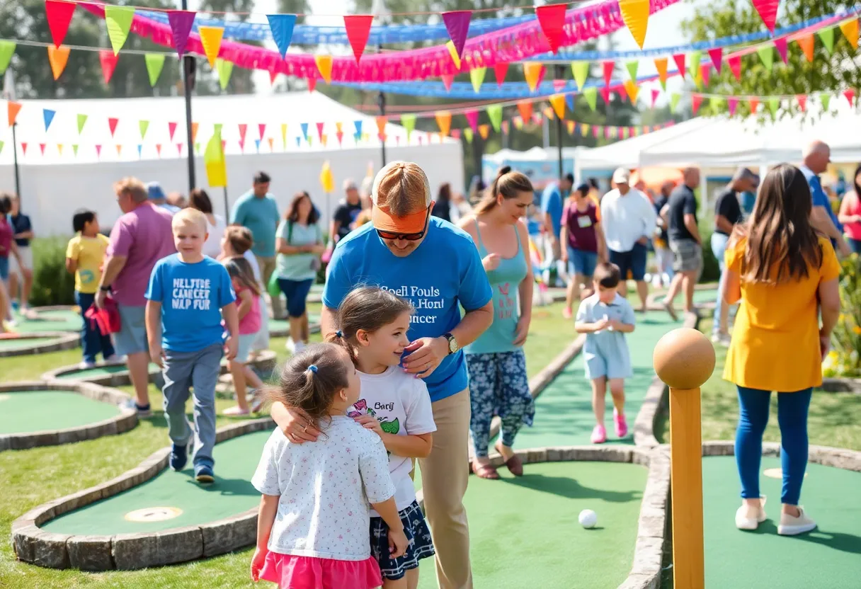 Families enjoying a mini-golf event for childhood cancer fundraising