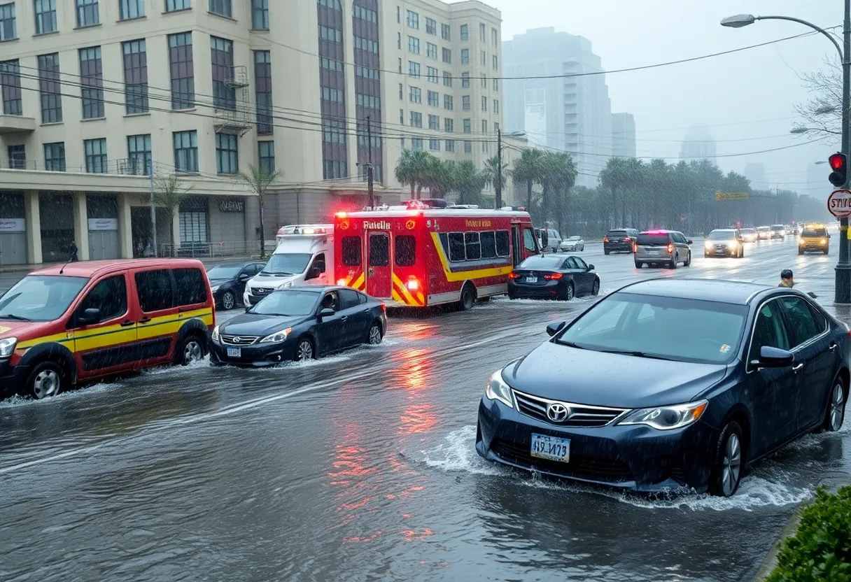 Emergency response vehicles navigating through flooded streets in Chattanooga