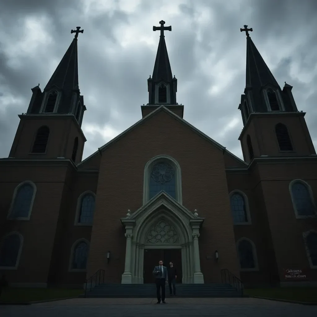 An imposing church building with dark clouds looming, representing allegations of forced labor trafficking.