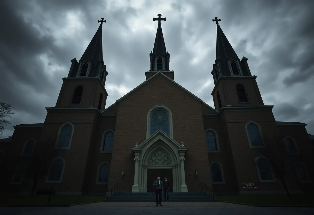An imposing church building with dark clouds looming, representing allegations of forced labor trafficking.
