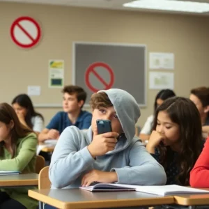 Students in a classroom focused on learning without cell phones.