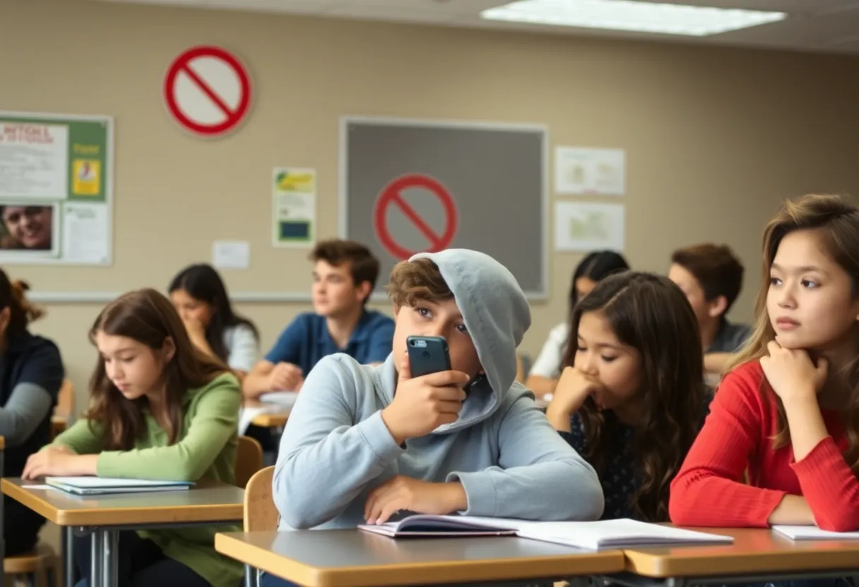 Students in a classroom focused on learning without cell phones.