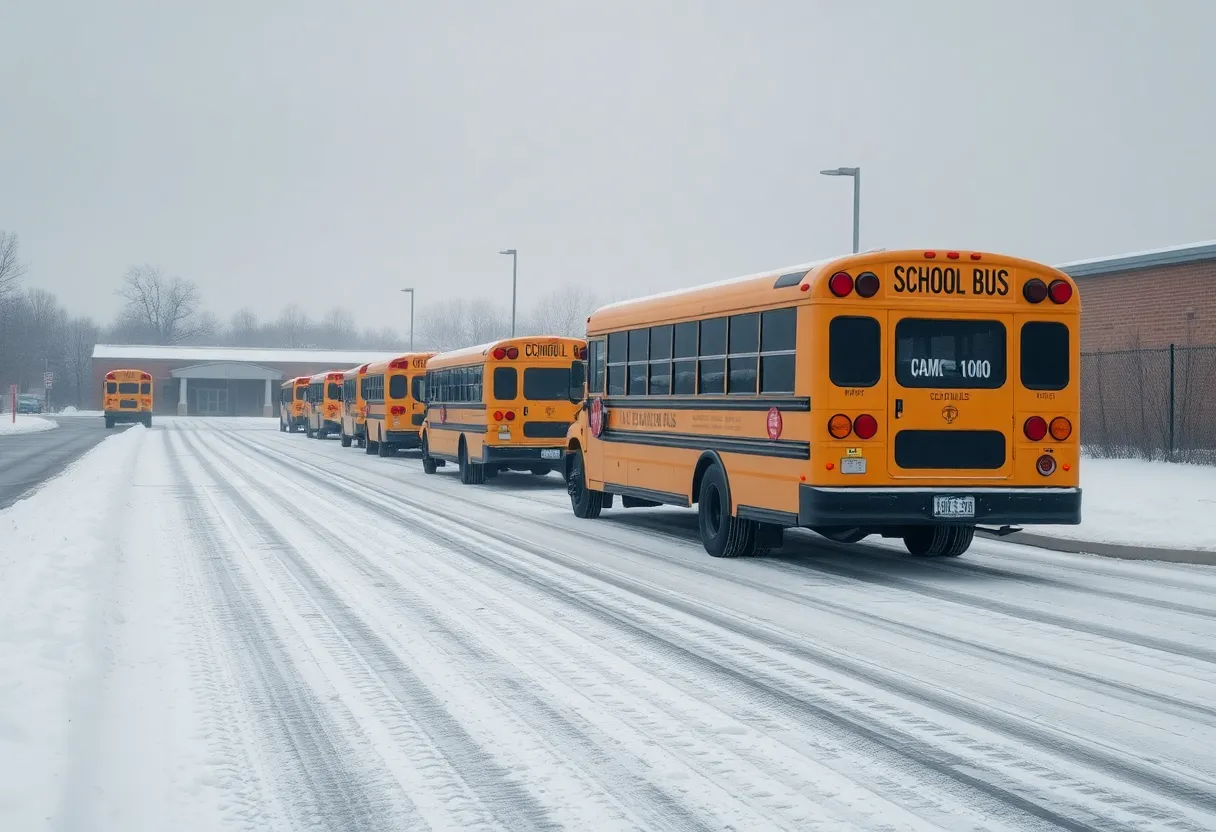 A closed school building surrounded by snow and ice on a winter day.