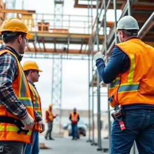 Construction workers and safety equipment at a construction site