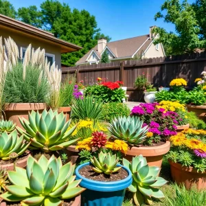 Lush container gardens in a Houston backyard