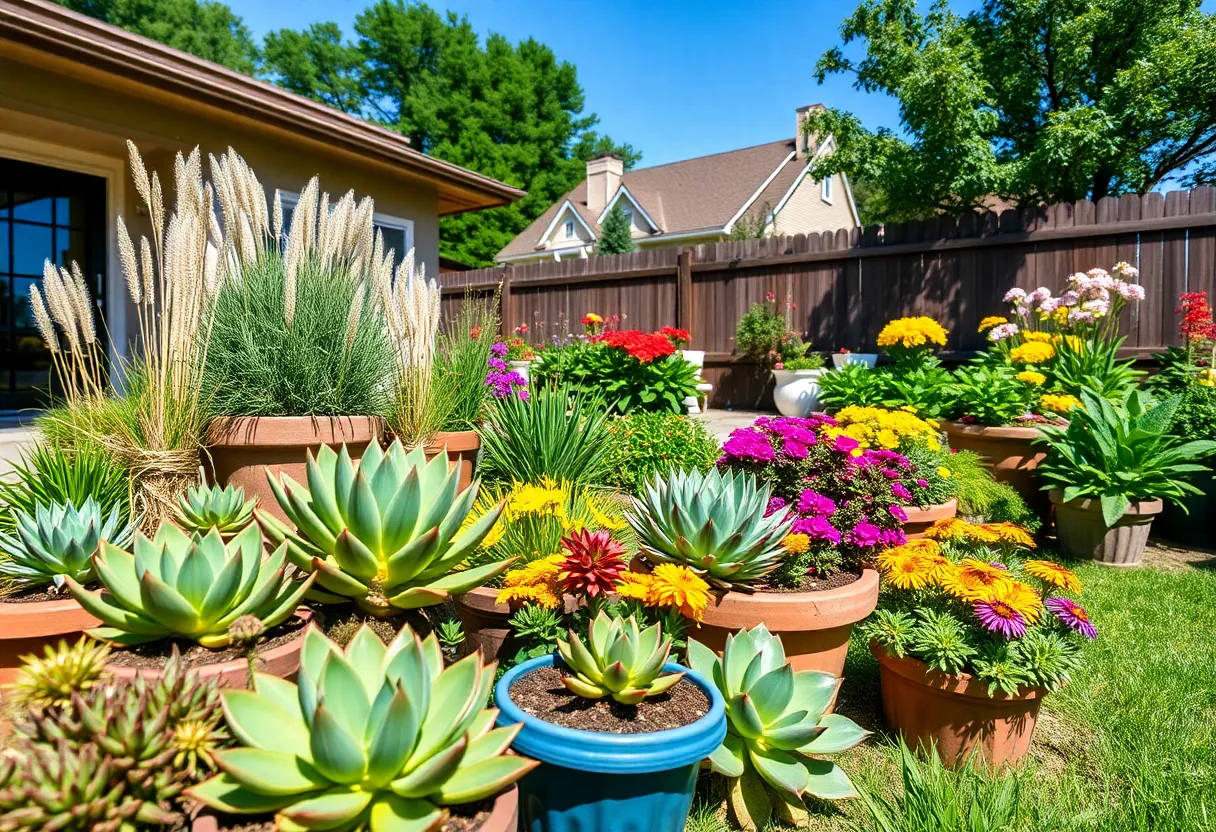Lush container gardens in a Houston backyard