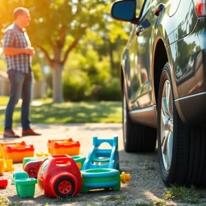 Scene depicting a parked vehicle with toys outside, emphasizing child safety concerns.