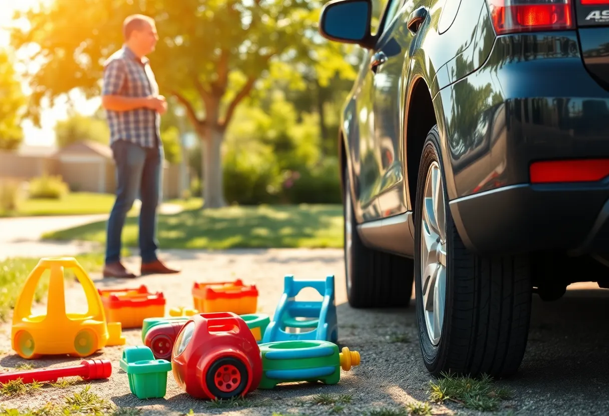 Scene depicting a parked vehicle with toys outside, emphasizing child safety concerns.