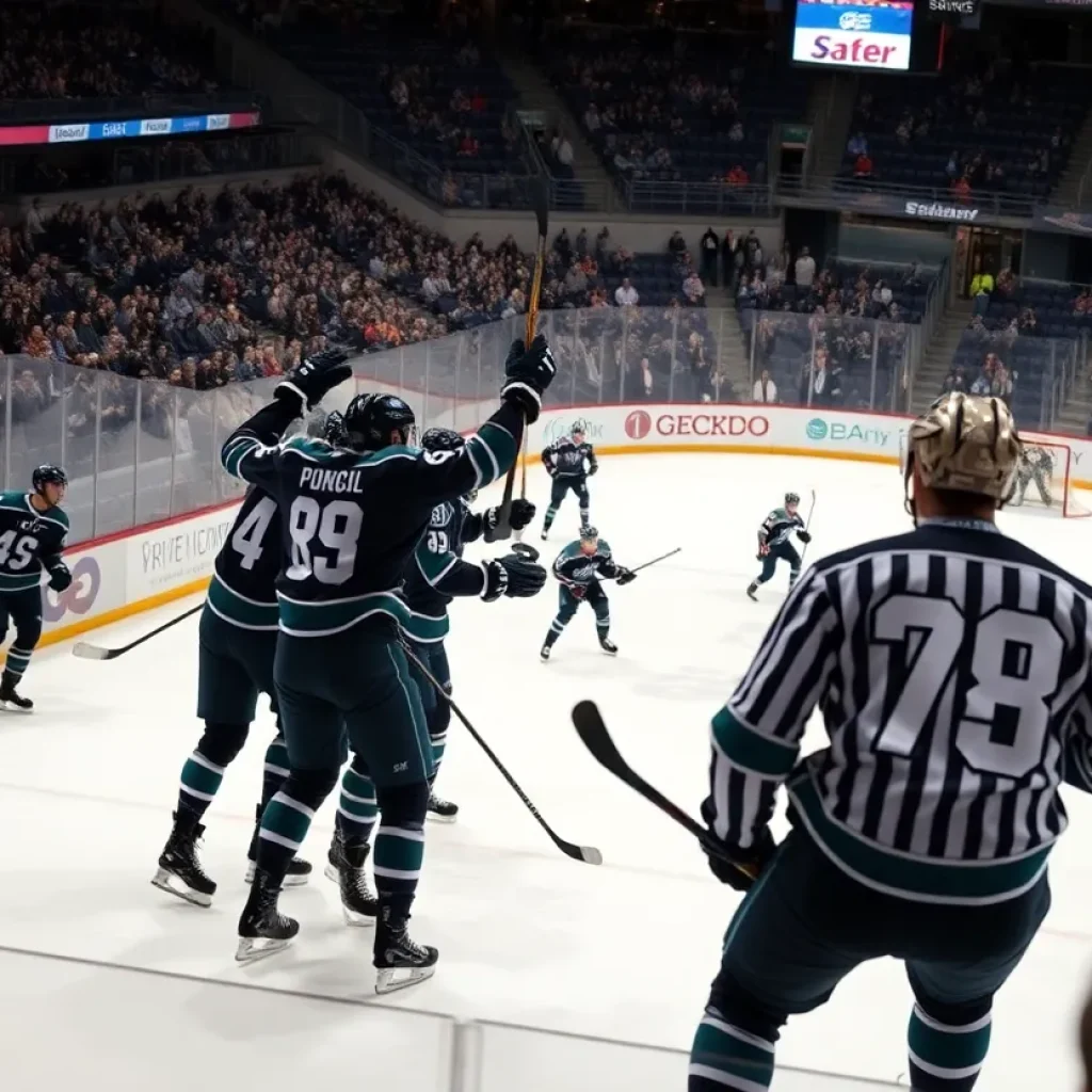 Detroit Red Wings players celebrating a goal on the ice