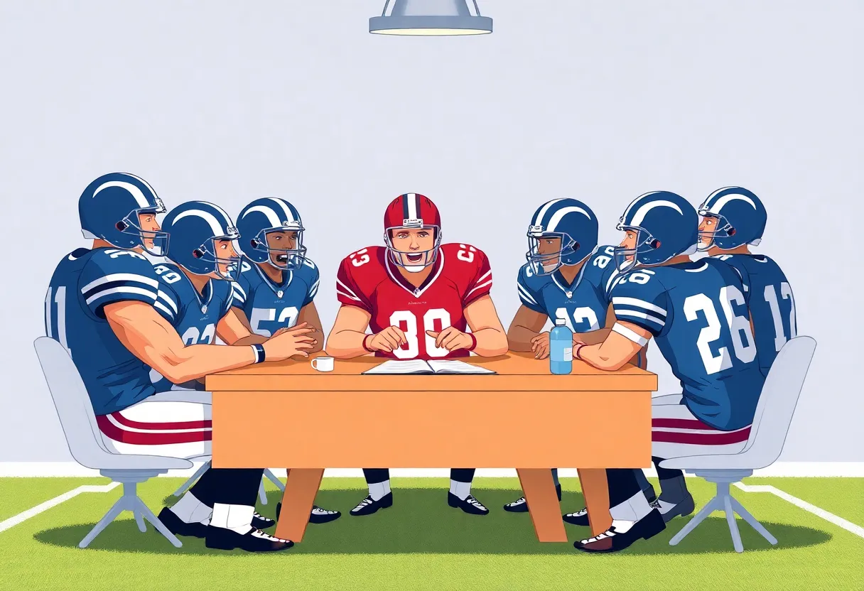 Illustration of NFL team strategizing during a trade