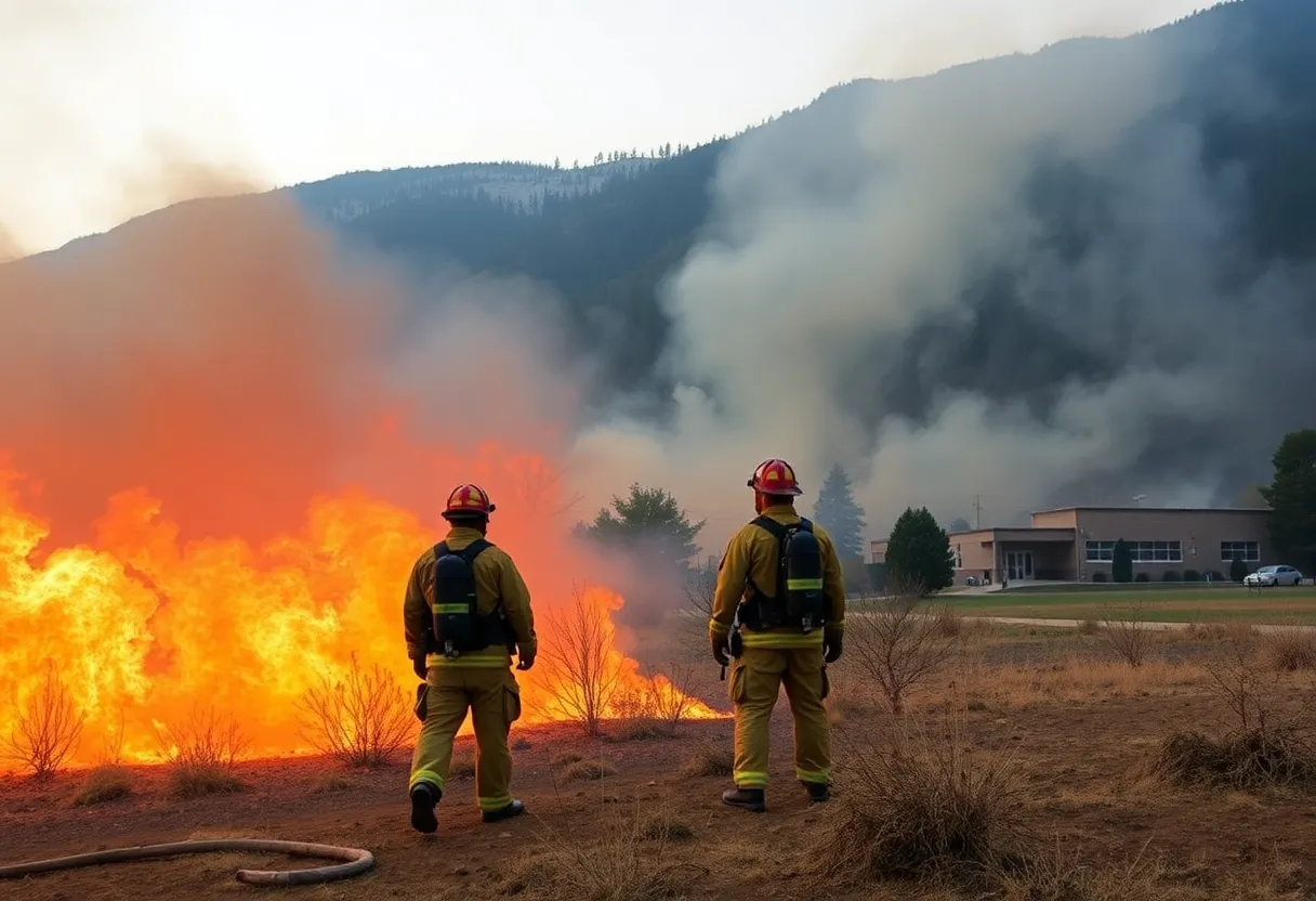 Firefighters fighting wildfire with a school in the background