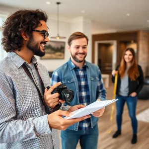 A first-time home buyer actively engaged during an open house, documenting notes and taking measurements