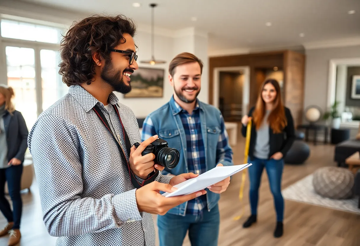 A first-time home buyer actively engaged during an open house, documenting notes and taking measurements