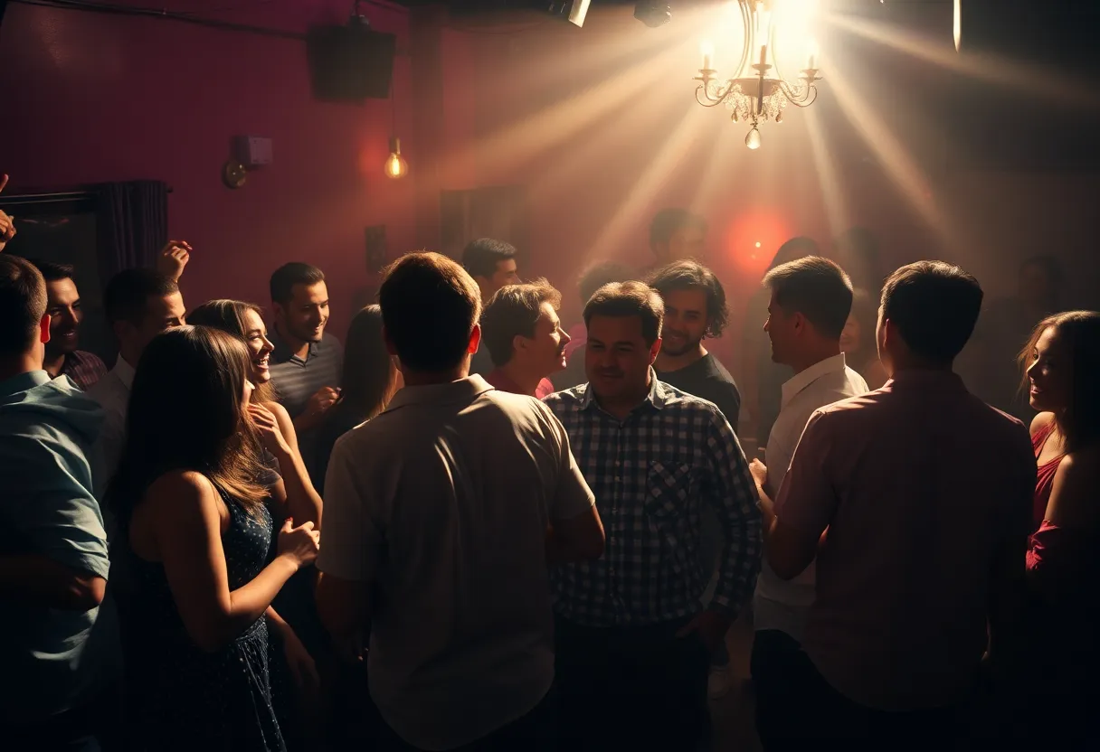 A lively fraternity party gathering with people socializing.