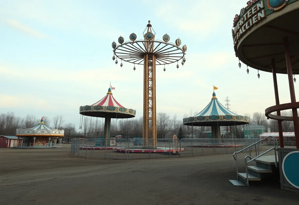 Abandoned FunPlex amusement park with empty rides
