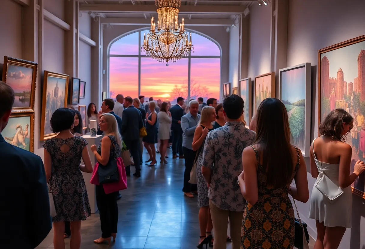 Guests at Glasstire Party & Auction in Houston showing artworks.