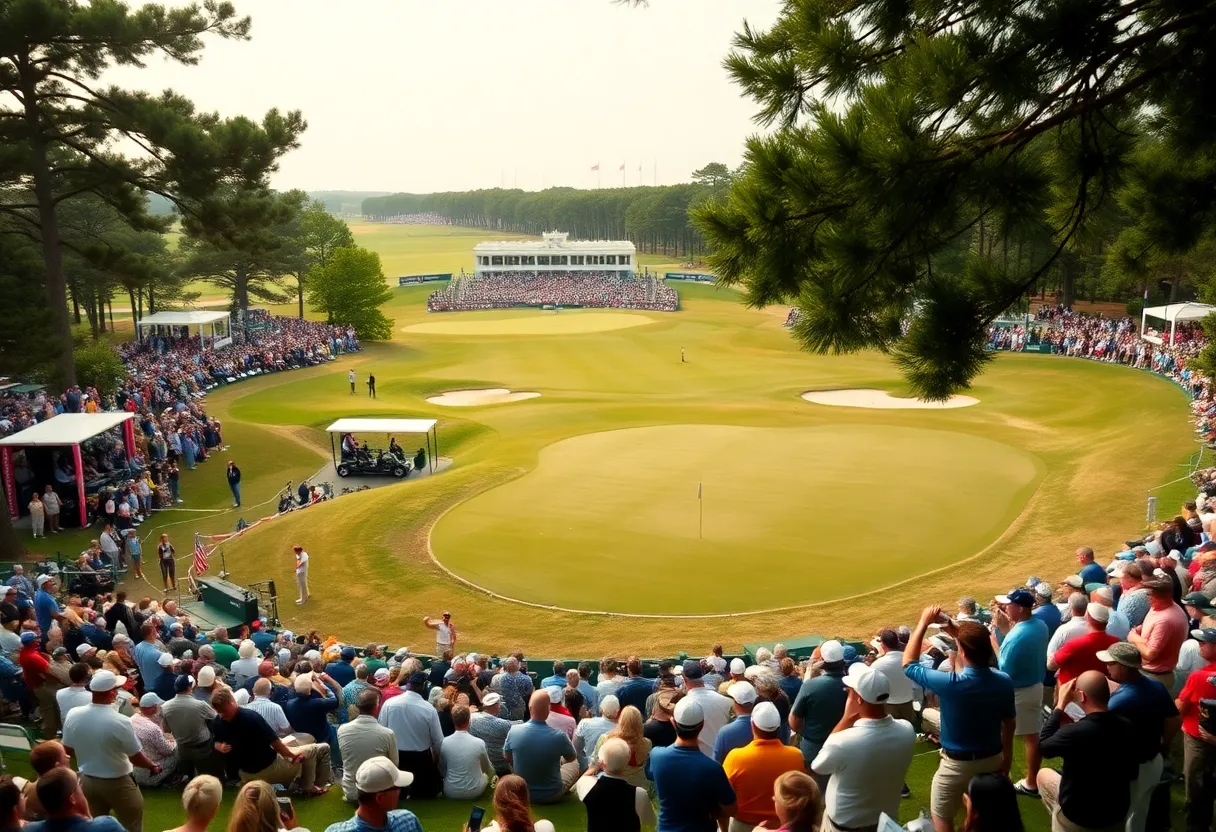 A scenic view of a golf course during a championship event