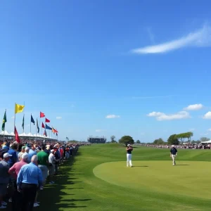 Golf tournament scene with players and spectators