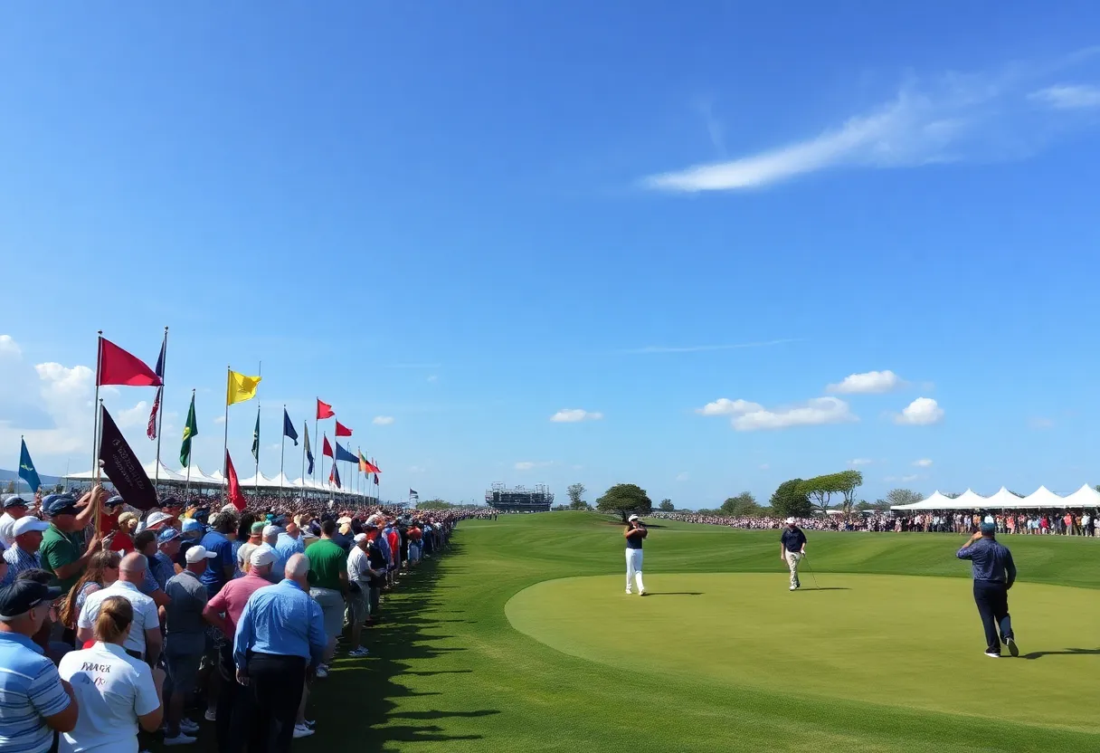 Golf tournament scene with players and spectators