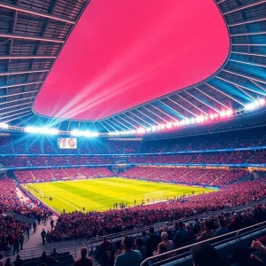 A vibrant illustration of a sports stadium filled with fans, representing community support for renovations.