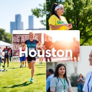 Collage of health events in Houston, showcasing health expo and marathon