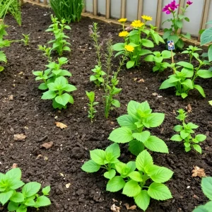A flourishing garden in Houston with diverse plants and rich soil.