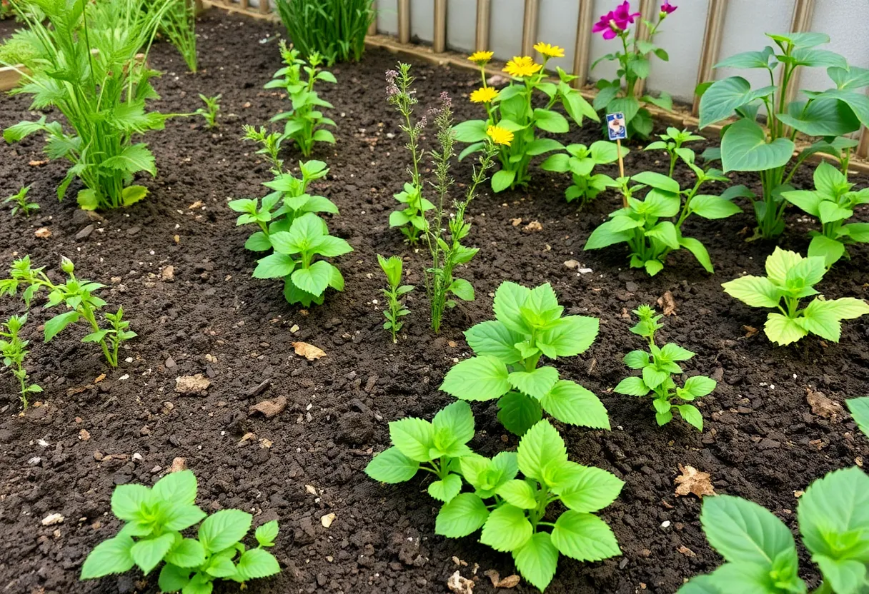 A flourishing garden in Houston with diverse plants and rich soil.