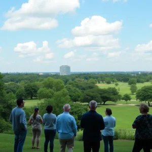 Community members at Hermann Park discussing land preservation