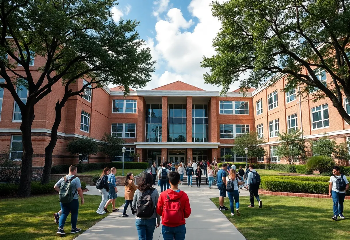Students in front of a top-ranked Houston high school