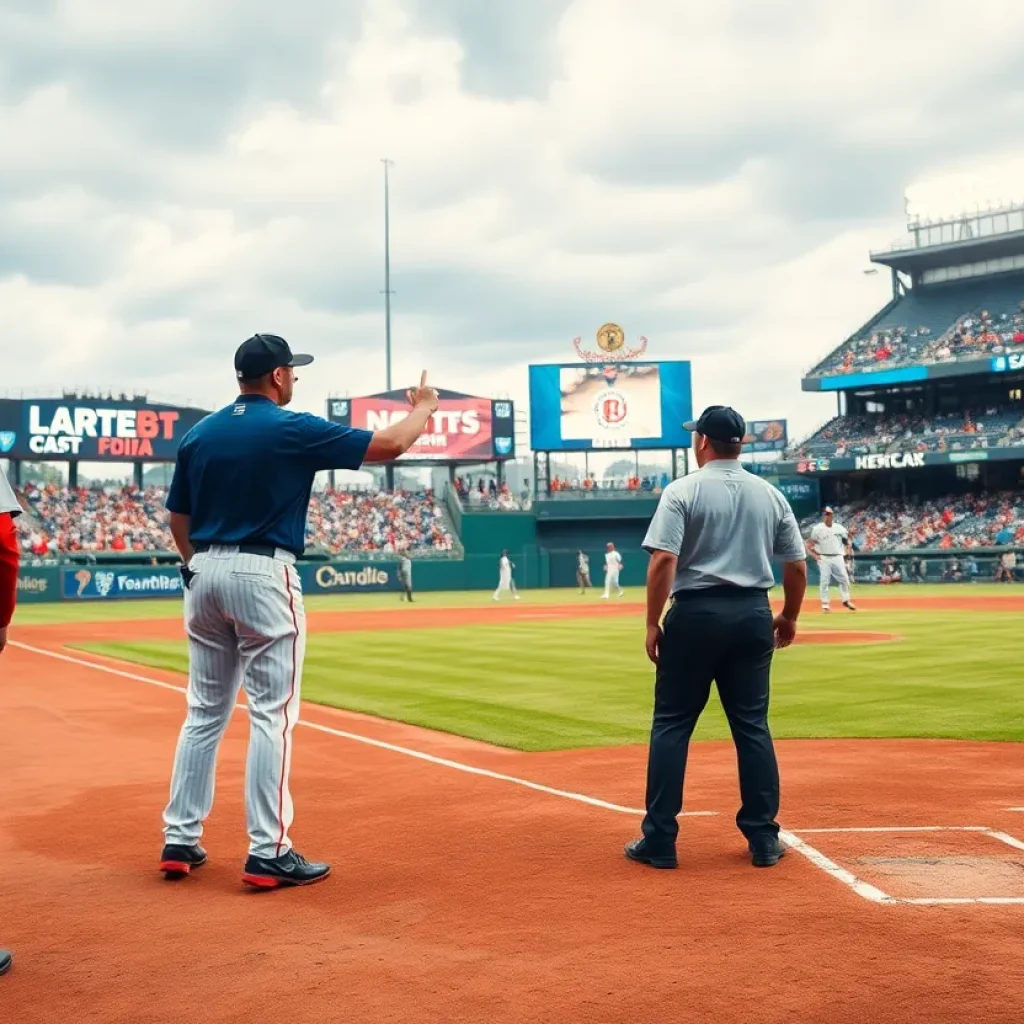Baseball game featuring umpires and players amid a lively stadium environment.